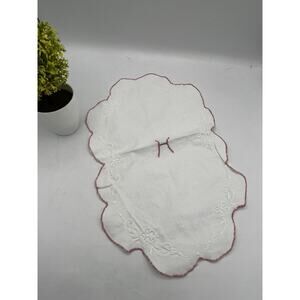Vintage White Linen Doily Monogram H White Embroidery Pink Scallop Edge 8x13